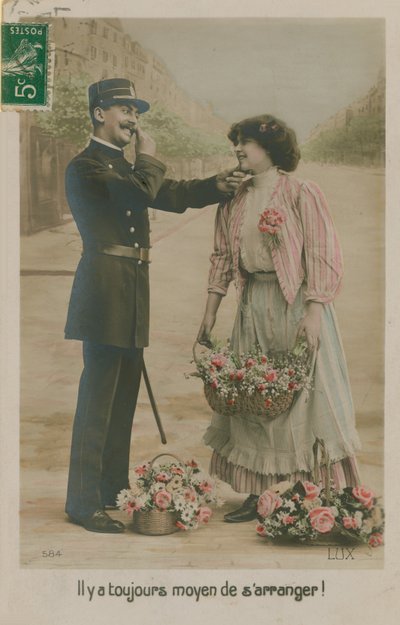 French policeman with a flower girl, 1913 by French Photographer